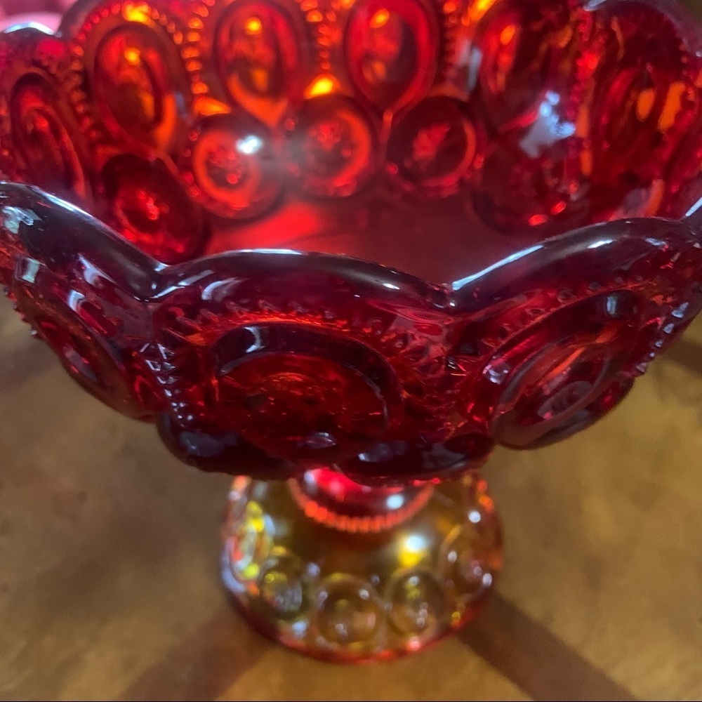 Vintage Mid Century Modern Moon & Stars Red Amberina Glass Round Pedestal Bowl - Picture 5 of 11